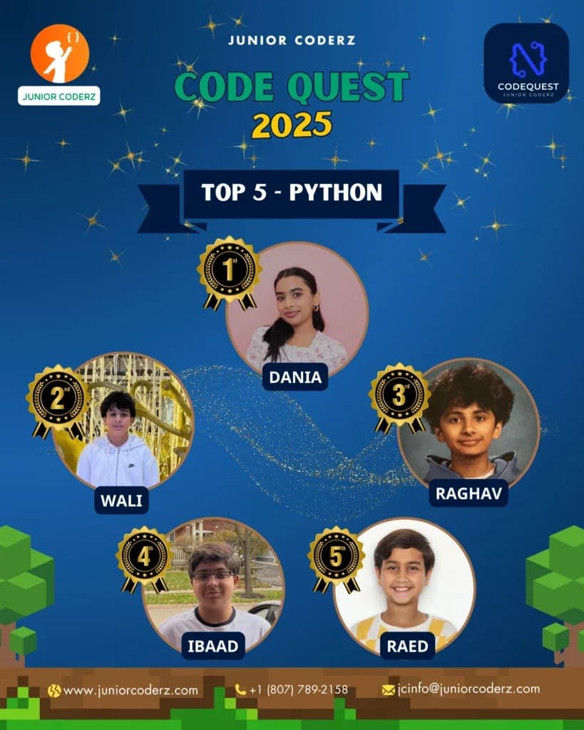 Code Quest 2025 top 5 Python winners poster: Dania, Wali, Raghav, Ibaad and Raed.