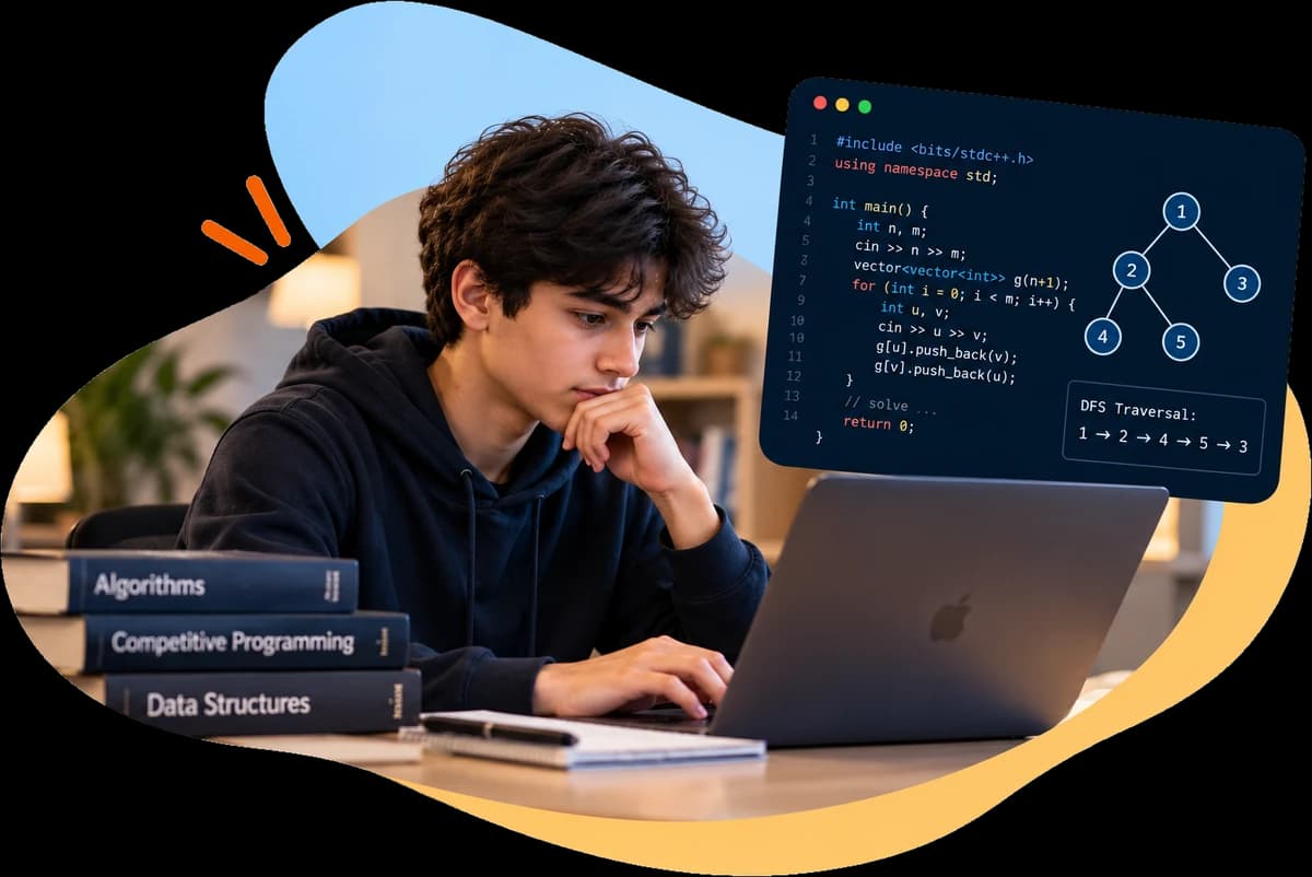A focused teenager solving a graph problem on a laptop, with books on algorithms, competitive programming and data structures beside him.