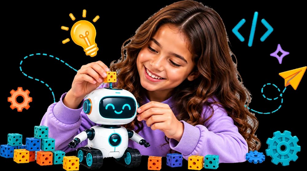 A smiling girl building a friendly robot with colourful coding blocks.