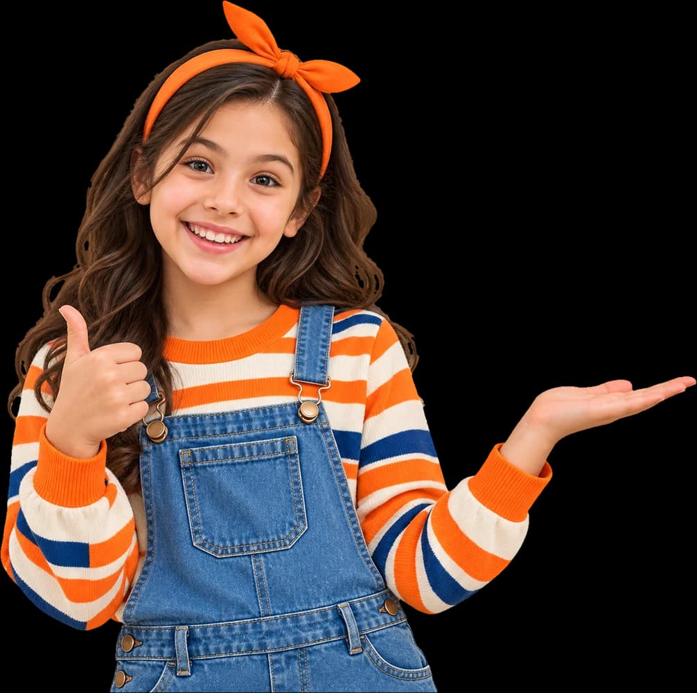 A smiling girl in a striped sweater giving a thumbs up, with a student card floating above her open hand.
