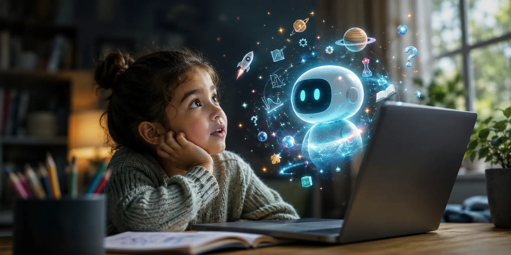 A child curiously exploring questions with ChatGPT alongside a parent